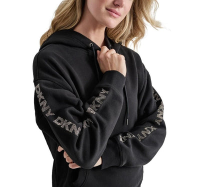 Dkny Sport Women's Rhinestone Logo Fleece Hoodie - Black/Gunmetal
