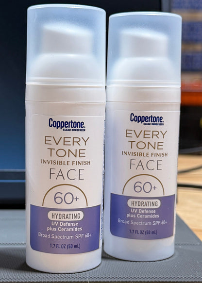 2 pack Coppertone Every Tone Invisible Finish FACE SPF 60+ Hydrating UV + ceramides - Exp 11/2026