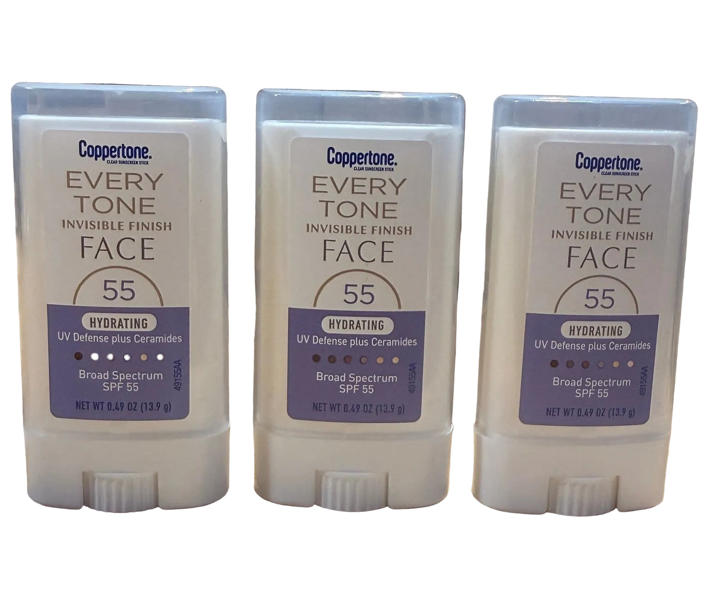 3 pack Coppertone Every Tone Invisible Finish FACE SPF 55+ Hydrating UV + ceramides stick