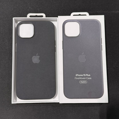 Apple iPhone 15 Plus Fine Woven Case in black displayed in packaging with logo and product details visible.