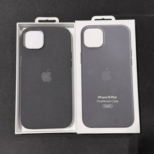 Apple iPhone 15 Plus Fine Woven Case in black displayed in packaging with logo and product details visible.