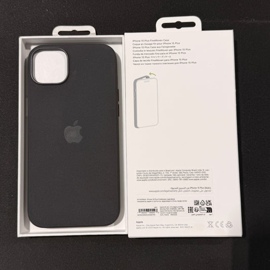 Back view of the Apple iPhone 15 Plus Fine Woven Case in black inside packaging, showing product information.
