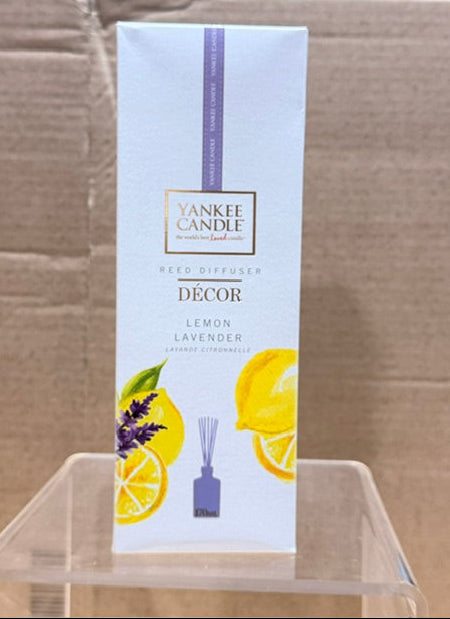 Yankee Candle reed diffuser packaging for Lemon Lavender scent with illustrations of lemons and lavender.