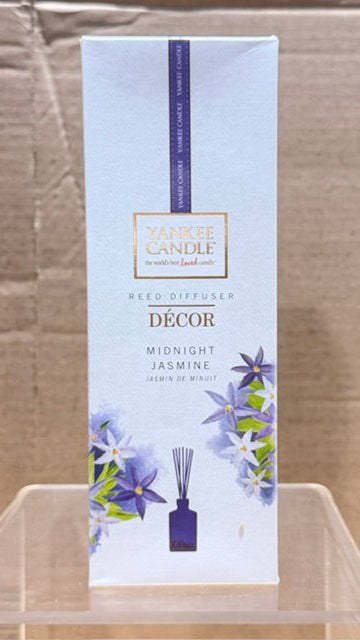 Yankee Candle Reed Diffuser packaging for Midnight Jasmine scent featuring blue and purple floral design.
