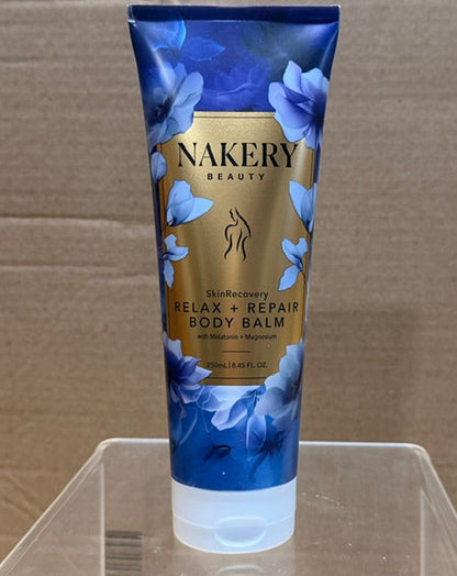 Front view of Nakery SkinRecovery Relax + Repair Body Balm tube, showcasing floral design and product details.