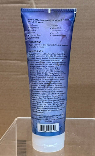 Back view of Nakery SkinRecovery Relax + Repair Body Balm tube displaying directions and ingredients list.