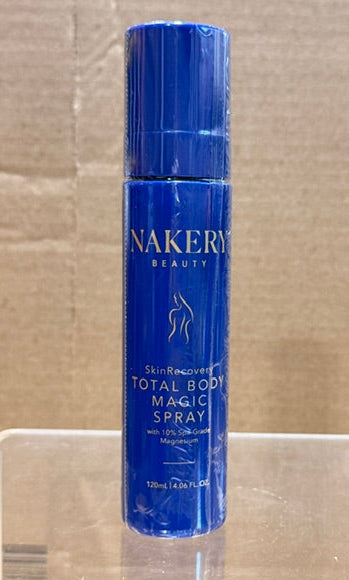 Front view of Nakery Skin Recovery Total Body Magic Spray, sealed in a blue bottle with gold lettering.