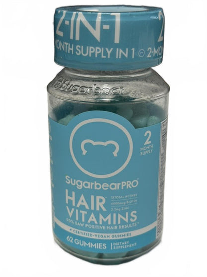 SugarbearPRO Hair 5 Week Supply Vitamins - 62ct: Vegan, Halal, Kosher, Biotin 6000 mcg - 2 MONTHS!