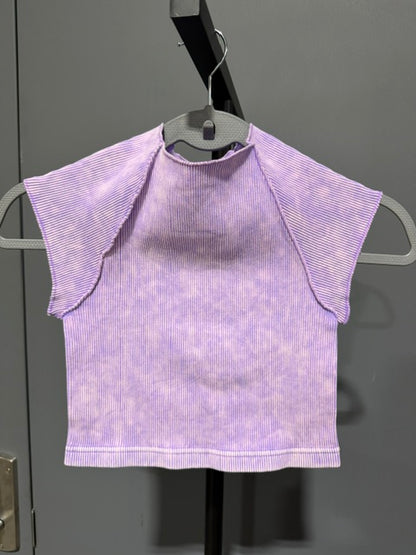 Zenana Crop Top Mineral Wash Ribbed Cap Sleeve - Lillac #6243A5