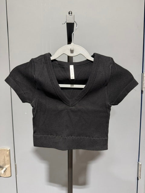Zenana Crop Top Mineral Wash Ribbed Cap Sleeve - Black #6356A