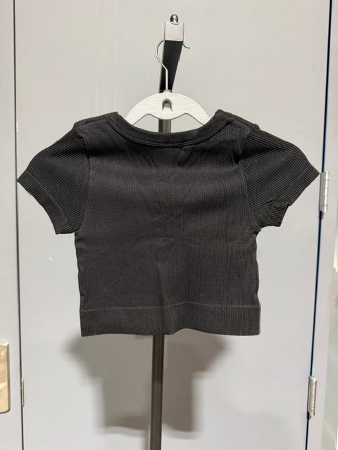 Zenana Crop Top Mineral Wash Ribbed Cap Sleeve - Black #6356A