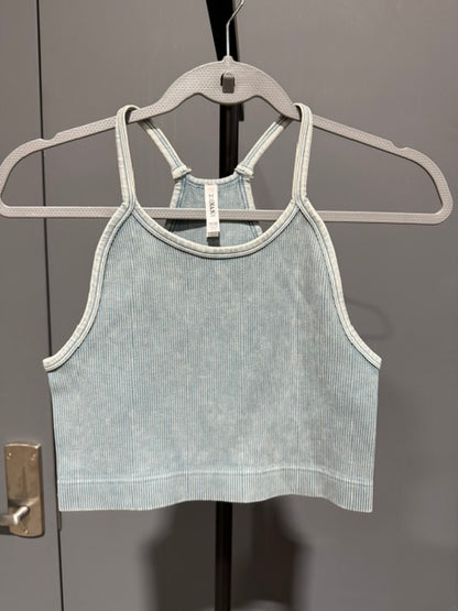 Zenana Ribbed Cropped Racerback Tank Top, Blue Grey #6167X