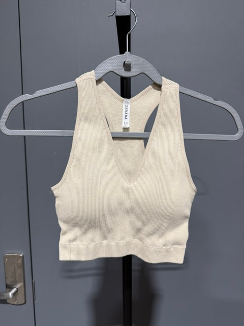 Zenana Ribbed Cropped Racerback Brami, Beige #6133A
