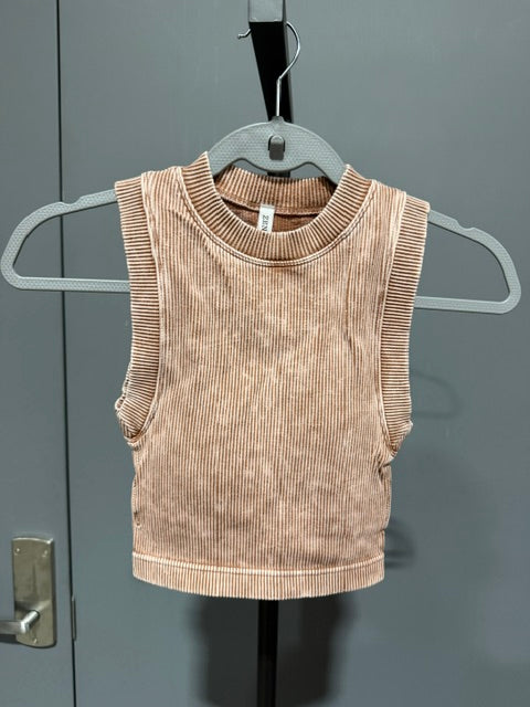 Zenana Ribbed Mineral Wash Crop Top Padded Deep Camel, NTW-6165A