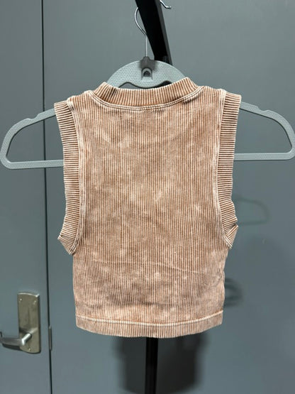 Zenana Ribbed Mineral Wash Crop Top Padded Deep Camel, NTW-6165A