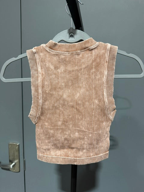 Zenana Ribbed Mineral Wash Crop Top Padded Deep Camel, NTW-6165A