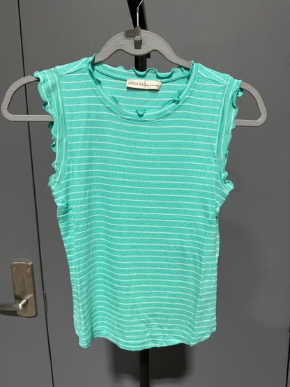 ZENANA Ribbed Ruffle Trim Sleeveless Stripe Top, Teal, RRT-8529Y