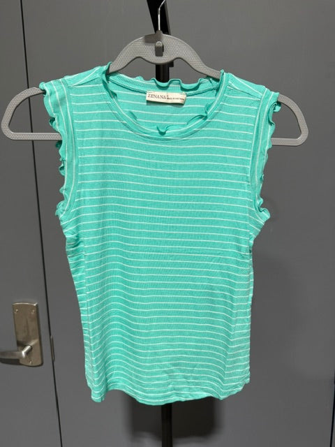 ZENANA Ribbed Ruffle Trim Sleeveless Stripe Top, Teal, RRT-8529Y