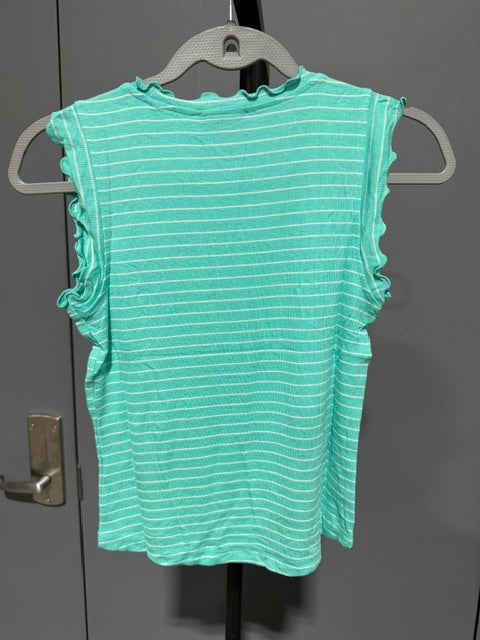 ZENANA Ribbed Ruffle Trim Sleeveless Stripe Top, Teal, RRT-8529Y