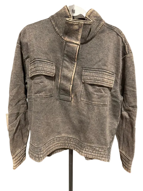 Zenana Mineral Wash Snap Neck Pullover - Ash Black - OTW-4326Y