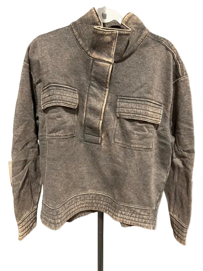 Zenana Mineral Wash Snap Neck Pullover - Ash Black - OTW-4326Y