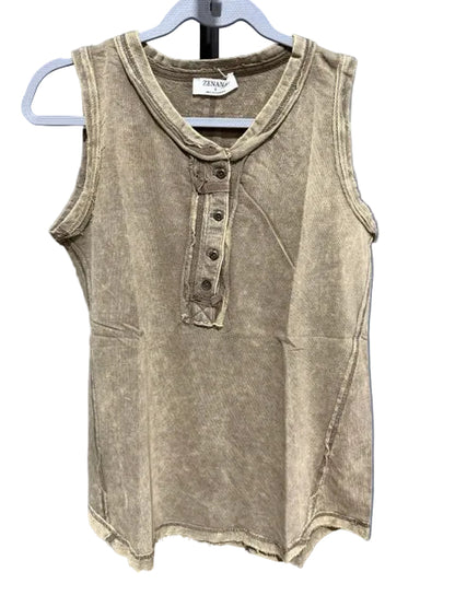 Zenana Sleeveless Henley Mineral Wash Cotton Tank, Mocha TTW-5251Y L