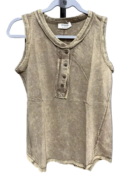 Zenana Sleeveless Henley Mineral Wash Cotton Tank, Mocha TTW-5251Y L