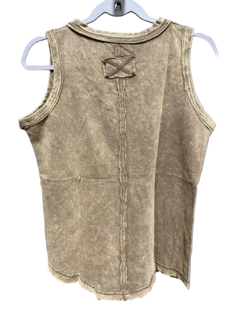 Zenana Sleeveless Henley Mineral Wash Cotton Tank, Mocha TTW-5251Y L