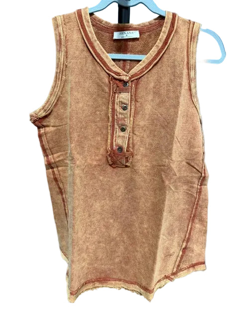 Zenana Sleeveless Henley Mineral Wash Cotton Tank, Rust TTW-5251Y