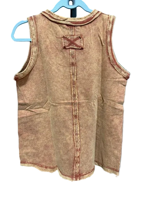 Zenana Sleeveless Henley Mineral Wash Cotton Tank, Rust TTW-5251Y