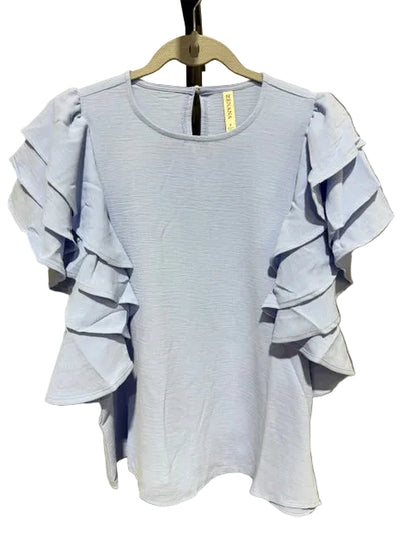 Zenana Multi Tier Ruffle Sleeve Top, Spring Blue QT-7137Y