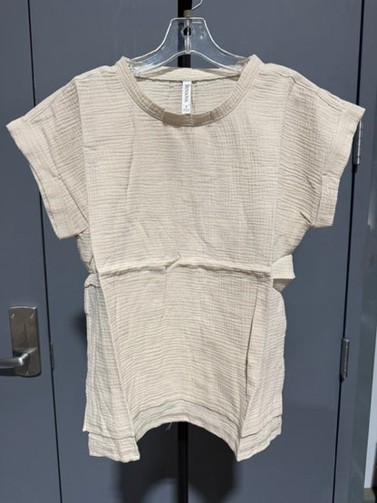 Zenana Double Gauze Round Neck Short Sleeve Top #QT-7266Y Sand Beige