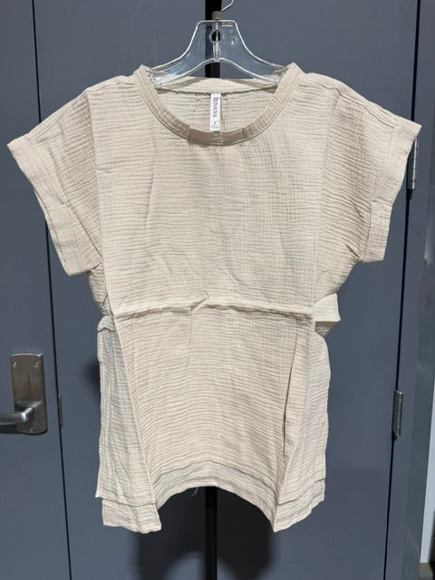 Zenana Double Gauze Round Neck Short Sleeve Top #QT-7266Y Sand Beige