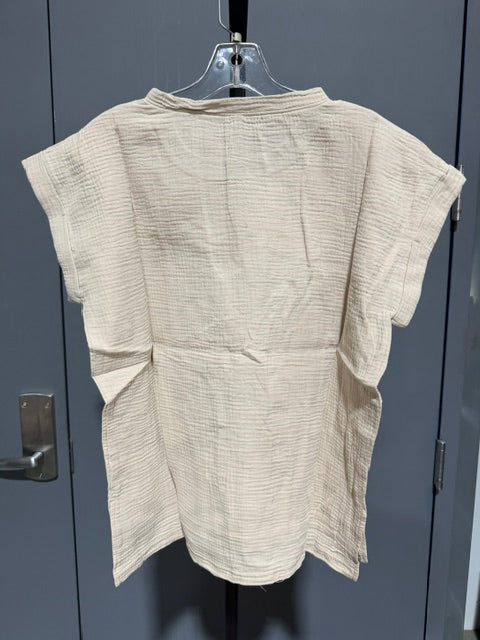 Zenana Double Gauze Round Neck Short Sleeve Top #QT-7266Y Sand Beige