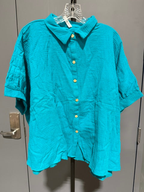 Zenana Double Gauze Button Up Short Sleeve Top - Light Teal QT-1390A