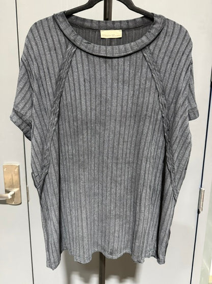 Zenana Ribbed Mineral Wash Short Sleeve Top Charcoal Grey RTW-8493A