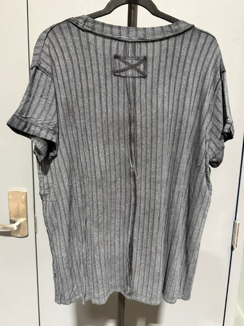 Zenana Ribbed Mineral Wash Short Sleeve Top Charcoal Grey RTW-8493A