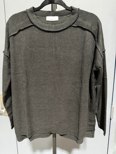 Zenana Ribbed Mineral Wash Long Sleeve Top Charcoal Grey HTL-2519A