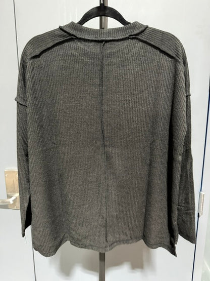 Zenana Ribbed Mineral Wash Long Sleeve Top Charcoal Grey HTL-2519A