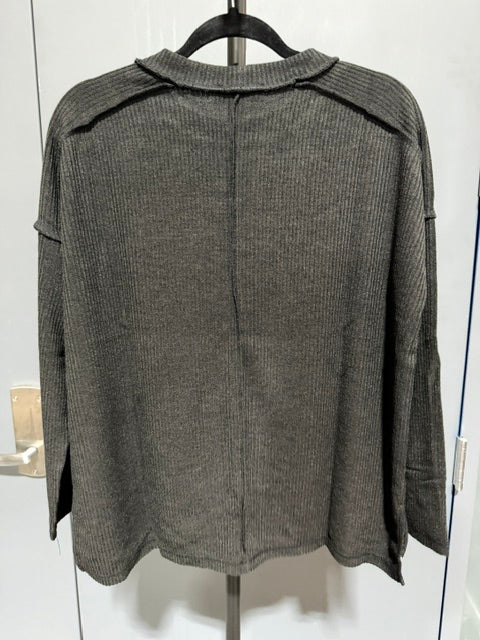 Zenana Ribbed Mineral Wash Long Sleeve Top Charcoal Grey HTL-2519A
