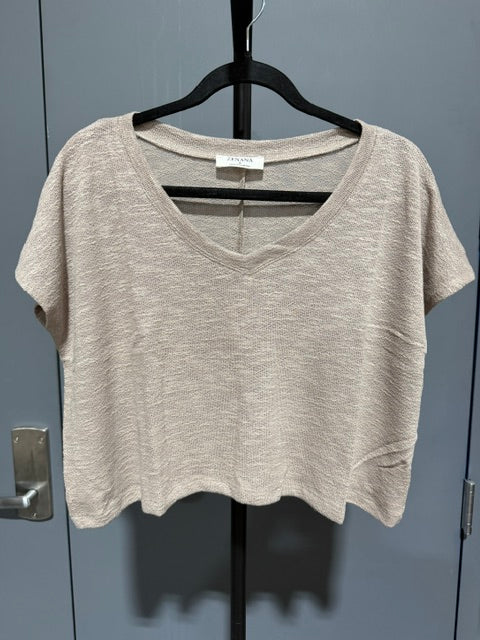 Zenana V-Neck Flowy Boxy Crop Top HT-2361A Light Mocha