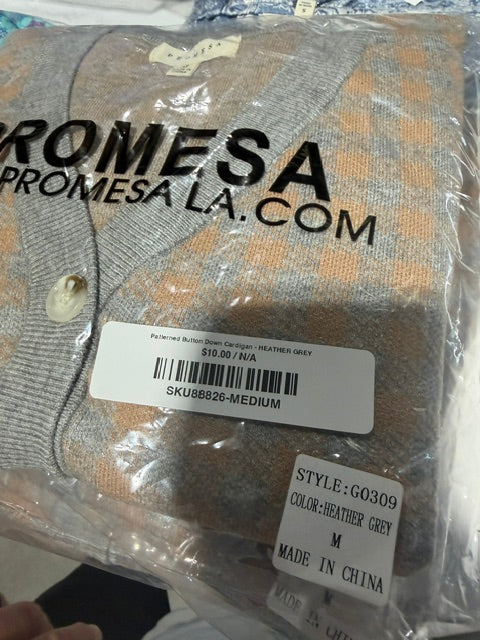 Promesa Button Down Cardigan Sweater - Tan Grey Checker - M
