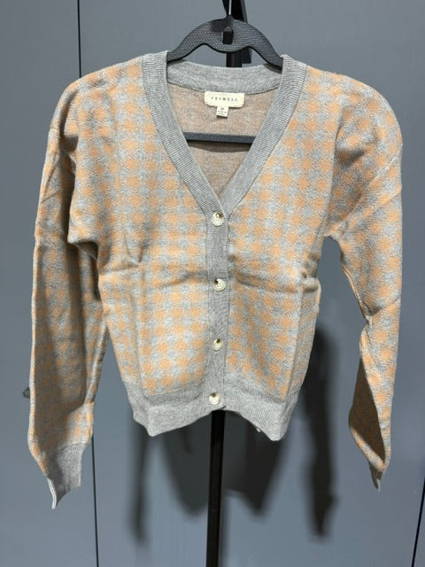 Promesa Button Down Cardigan Sweater - Tan Grey Checker - M