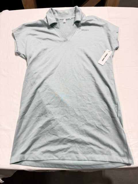 DKNY Womens Studded Logo Short Sleeve Collared V-neck T-shirt Dress Light Blue
