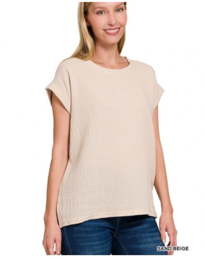 Zenana Double Gauze Round Neck Short Sleeve Top #QT-7266Y Sand Beige