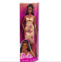 Barbie Fashionistas Doll #233 with Black Hair in Checkered Flower Midi Dress, Necklace and Sandals