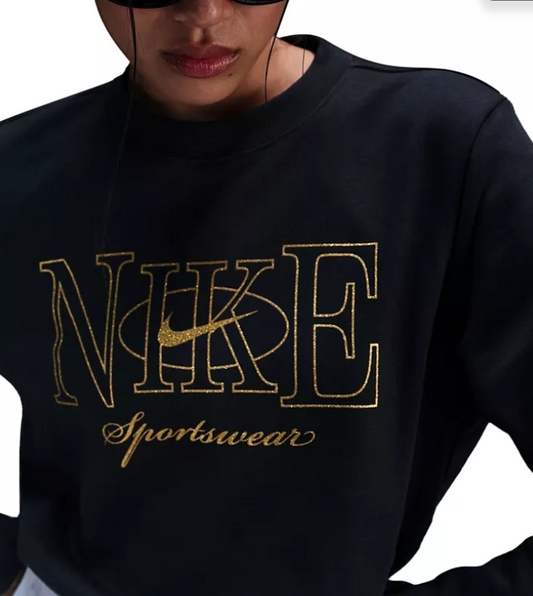 Nike Women's Sportswear Club Fleece Shine Crewneck Sweatshirt - Black - M