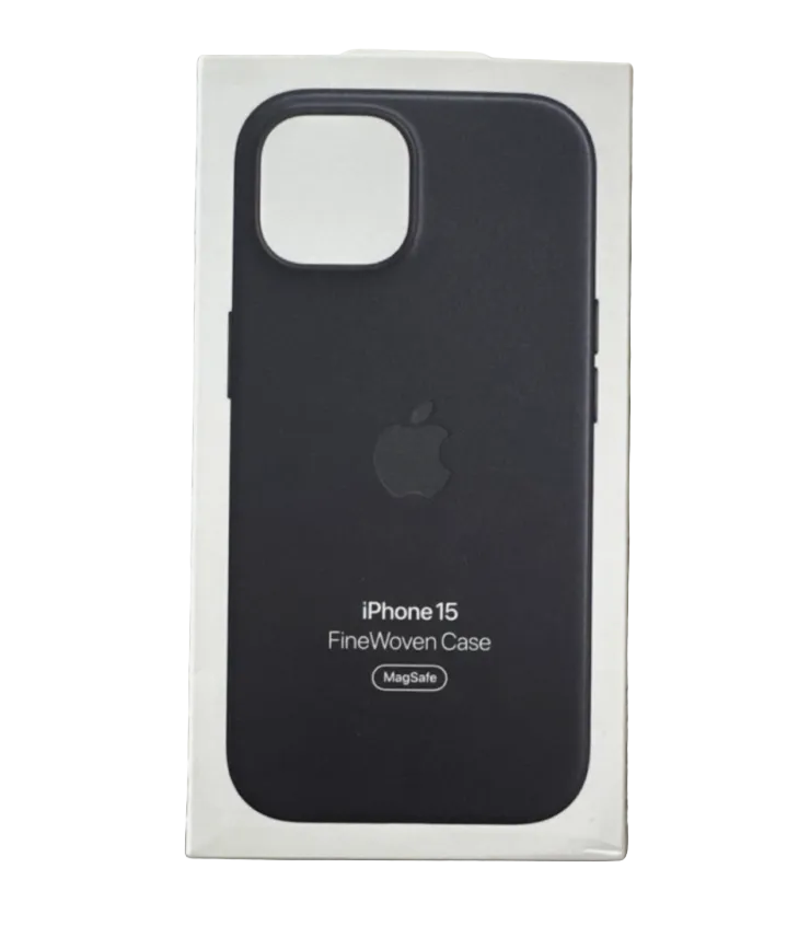Black Apple iPhone 15 Fine Woven Case with MagSafe displayed on packaging front.
