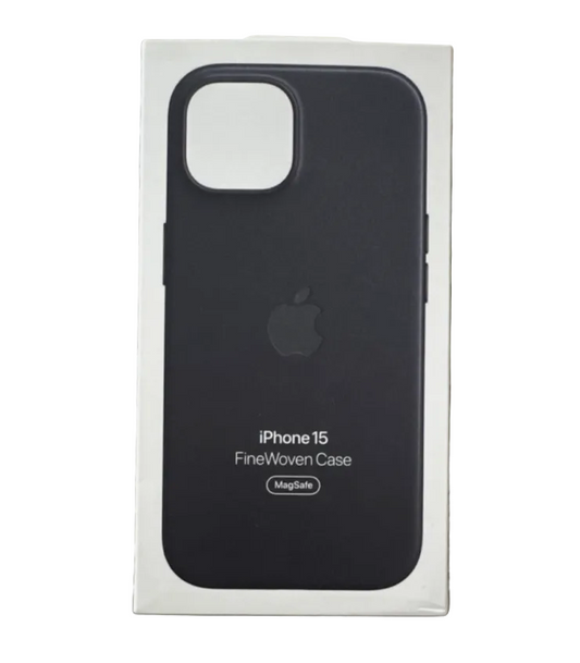 Black Apple iPhone 15 Fine Woven Case with MagSafe displayed on packaging front.