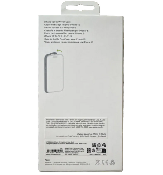 Back of the Apple iPhone 15 Fine Woven Case packaging with product details.